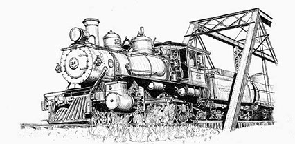 Drawing of V&T Locomotive No. 26 on a bridge by Richard (Dick) C. Datin from the Stephen Drew Collection. All rights reserved.